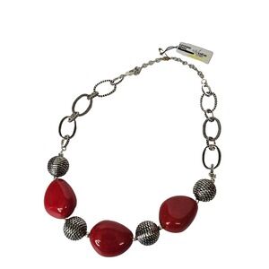 Premier Designs Cayenne Necklace Chunky Red Silver Tone Ball Link Statement